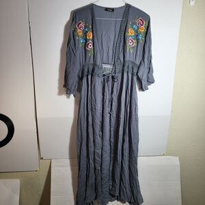 Gigio's  Blue Print Duster Long Floral Topper BOHO Cardigan Detail